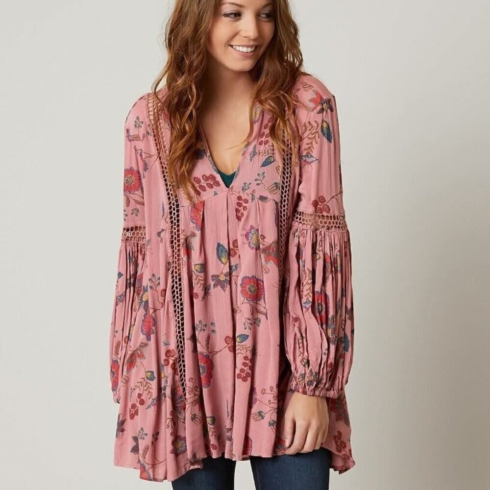 Free People Just the Two of Us Tunic Mauve Pink Floral Boho Oversized Top Small